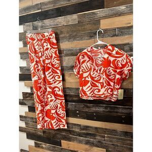 Two piece NWT set button front top pants orange white sz S